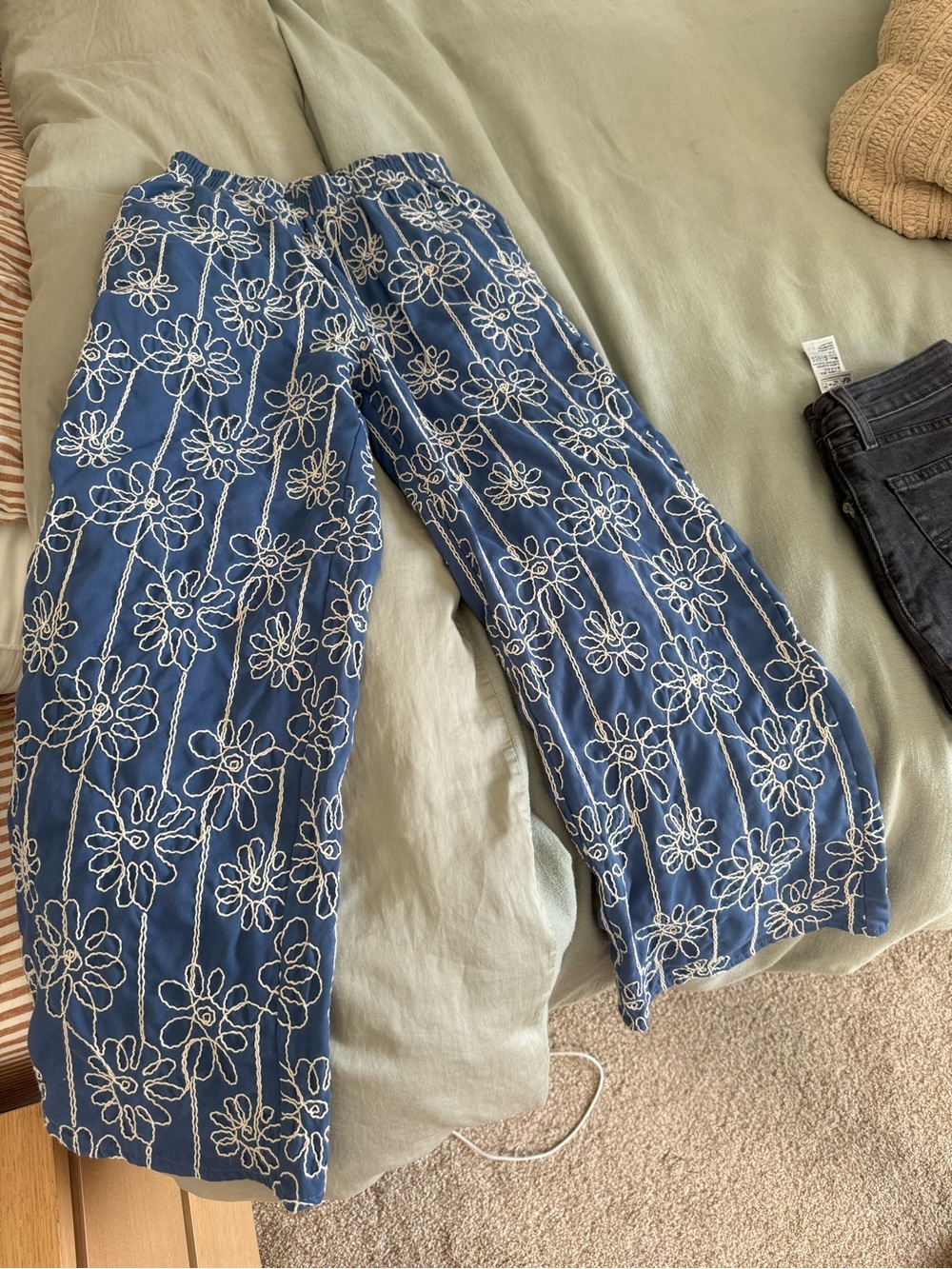 bohme Blue Floral Embroidered Pants